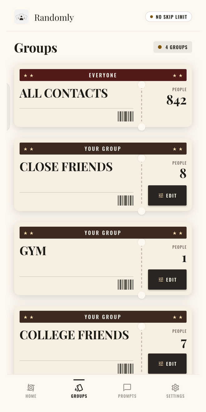 Randomly app groups screen: pick from all contacts or custom groups like close friends, gym and college
