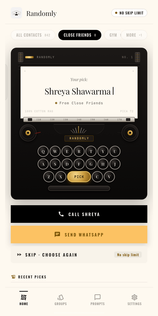 Randomly app home screen: press Pick to choose a random contact, then call, WhatsApp or skip