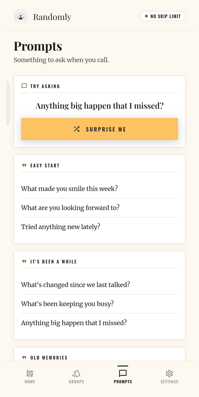 Randomly app prompts screen: conversation starters for reconnecting with an old friend