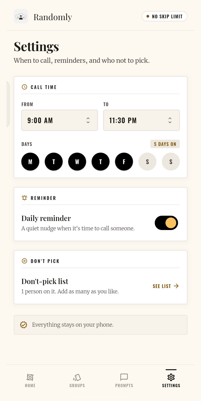 Randomly app settings screen: calling hours, daily reminder and a don’t-pick list